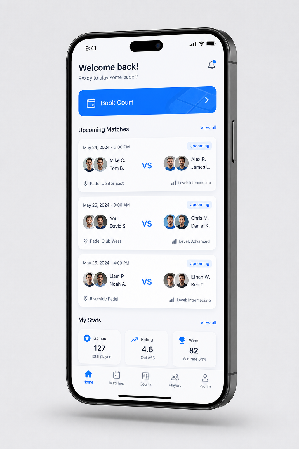 Lunda Padel app on a smartphone