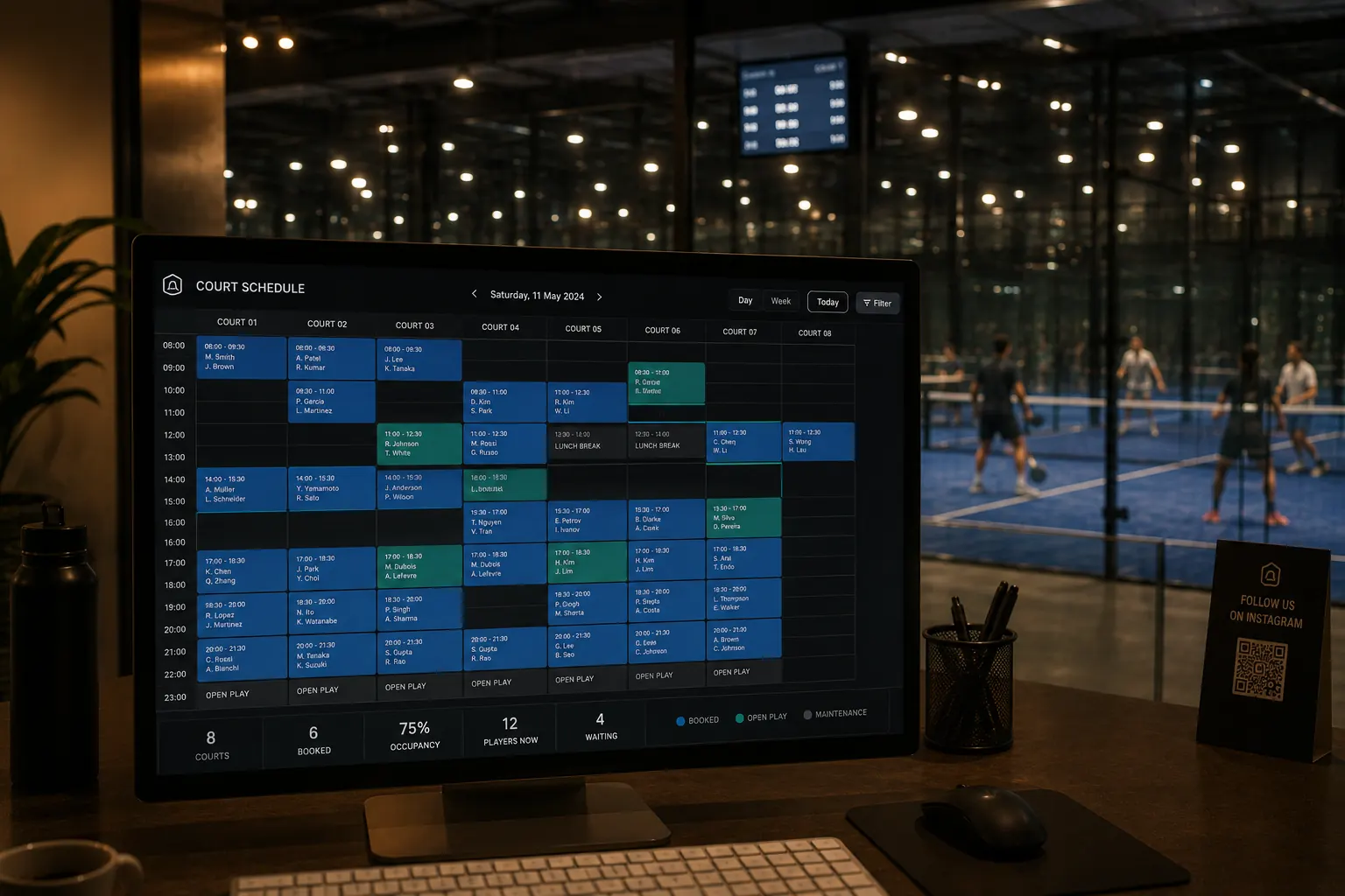 The club calendar sitting over a photograph of the same club, so the two read as one thing: the screen on the left, the courts it describes on the right.